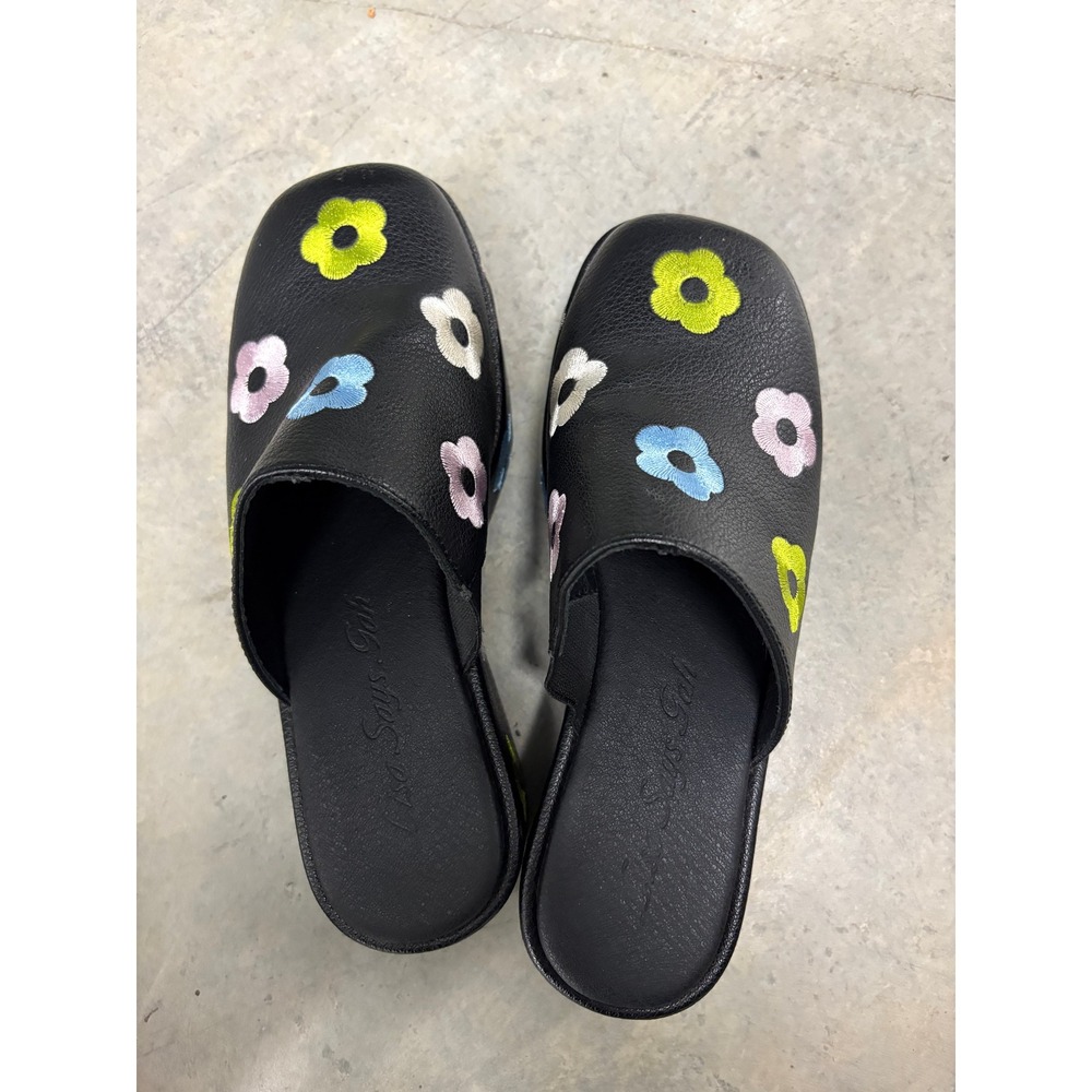 Lisa Says Gah Black Embroidered Daisy Platform Slides Mules Womens Size 6
